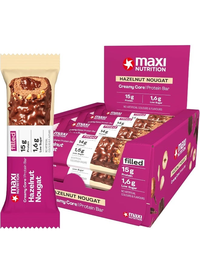 Maxi Nutrition Hazelnut & Nougat Creamy Core Protein Bar (Pack of 12 x 45 Grams each) | With 15g Of Protein | Low Sugar | Fat Free | High Protein Snack | No Artificial Flavors & Colour Added - Image 1